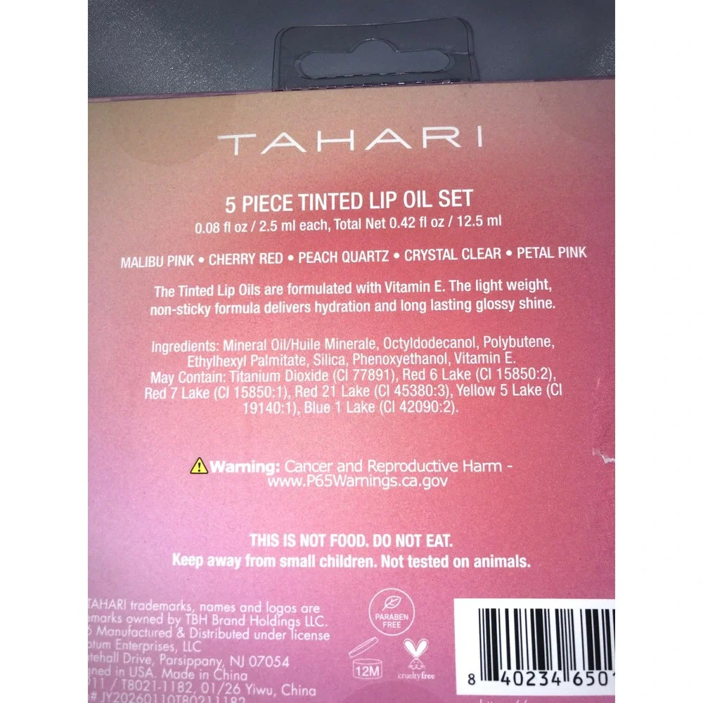 Tahari 5 Piece Hydrating Tinted Lip Oil Set Malibu Pink Cherry Red Peach Quartz